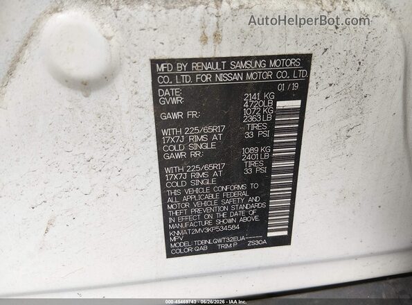 KNMAT2MV3KP534584 2019 NISSAN ROGUE White Vista del compartimento del motor