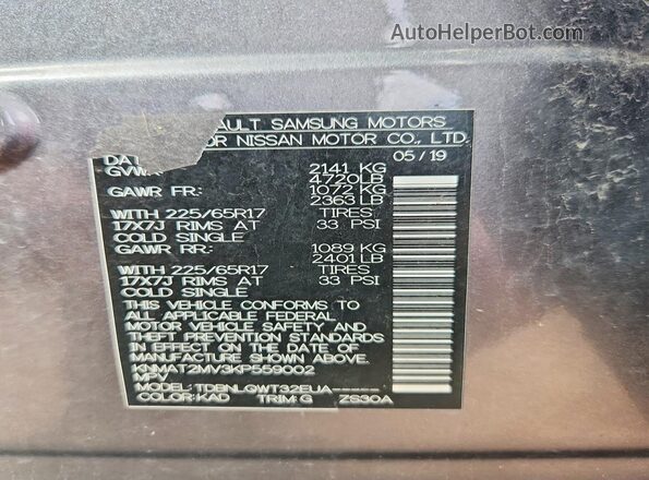 KNMAT2MV3KP559002 2019 NISSAN ROGUE Gray 