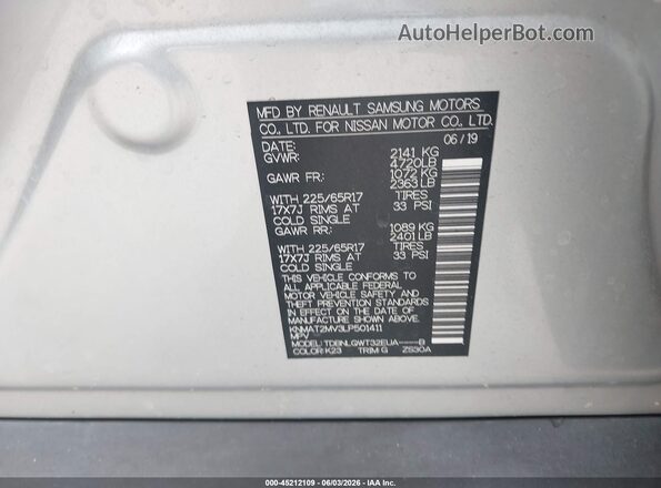 KNMAT2MV3LP501411 2020 NISSAN ROGUE Серебряный 