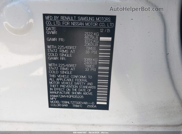 KNMAT2MV4GP635205 2016 NISSAN ROGUE White Vista del compartimento del motor