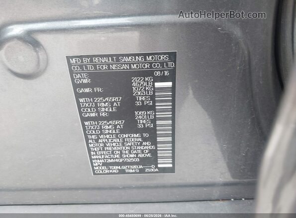 KNMAT2MV4GP732503 2016 NISSAN ROGUE Gray Vista del compartimento del motor