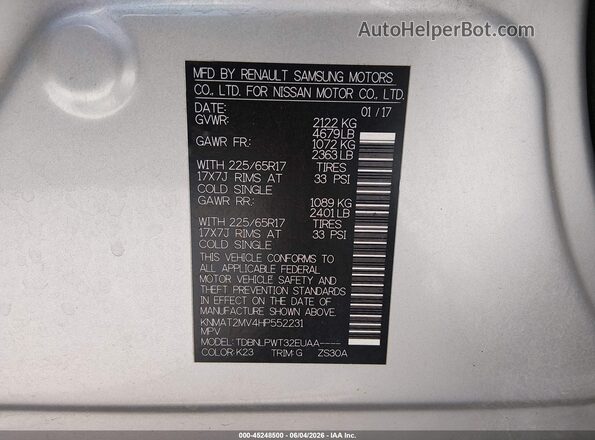 KNMAT2MV4HP552231 2017 NISSAN ROGUE Silver 