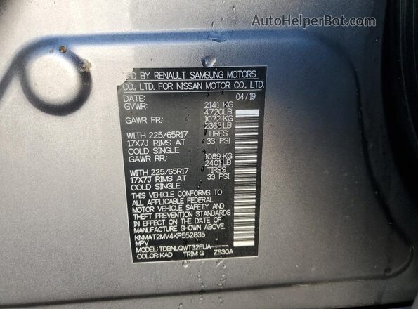KNMAT2MV4KP552835 2019 NISSAN ROGUE Gray VIN sticker view
