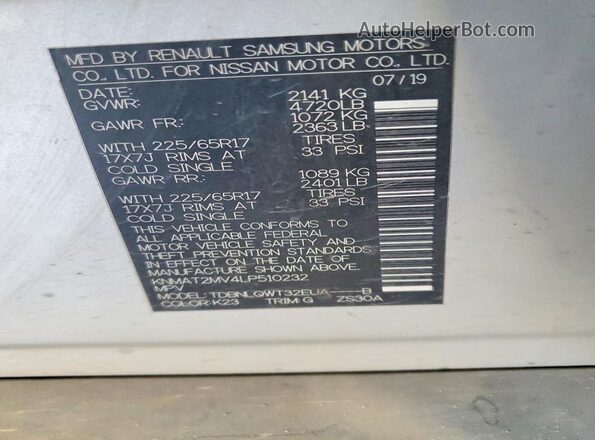 KNMAT2MV4LP510232 2020 NISSAN ROGUE Silver Vista de la etiqueta del VIN