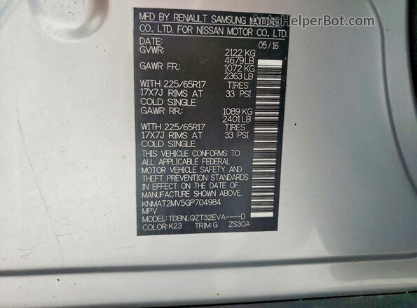 KNMAT2MV5GP704984 2016 NISSAN ROGUE Silver 