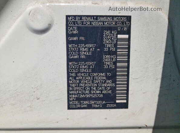 KNMAT2MV5KP525708 2019 NISSAN ROGUE White 