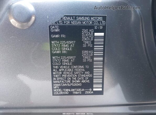 KNMAT2MV5LP526343 2020 NISSAN ROGUE Gray ძრავის განყოფილების ხედი