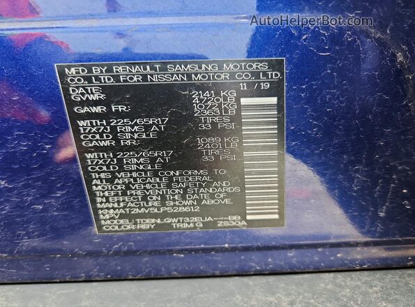 KNMAT2MV5LP528612 2020 NISSAN ROGUE Blue VIN sticker view