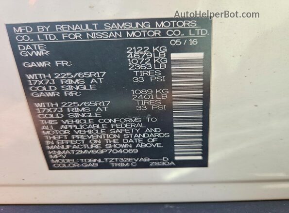 KNMAT2MV6GP704069 2016 NISSAN ROGUE White 