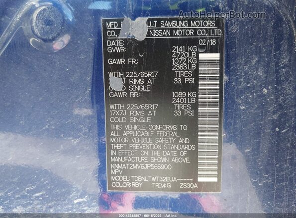 KNMAT2MV6JP566900 2018 NISSAN ROGUE Blue Vista del compartimento del motor