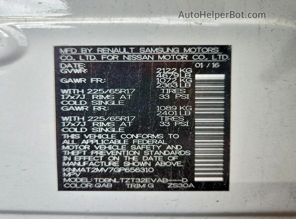KNMAT2MV7GP656310 2016 NISSAN ROGUE White 