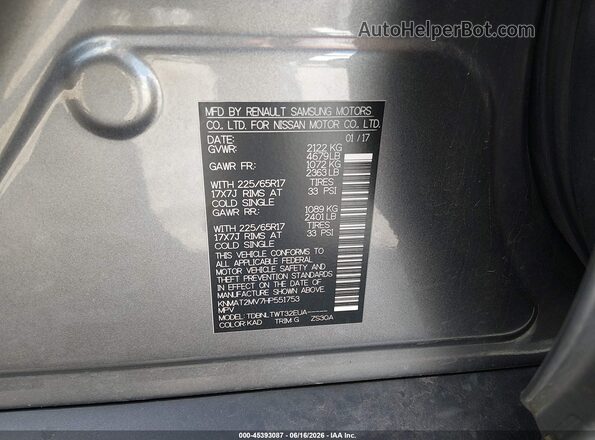 KNMAT2MV7HP551753 2017 NISSAN ROGUE Gray Շարժիչի բաժամունքի տեսք