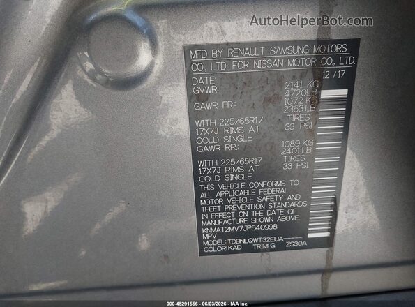KNMAT2MV7JP540998 2018 NISSAN ROGUE Gray Вид підкапотного простору