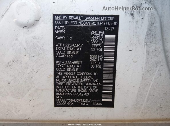 KNMAT2MV7JP542783 2018 NISSAN ROGUE White Շարժիչի բաժամունքի տեսք