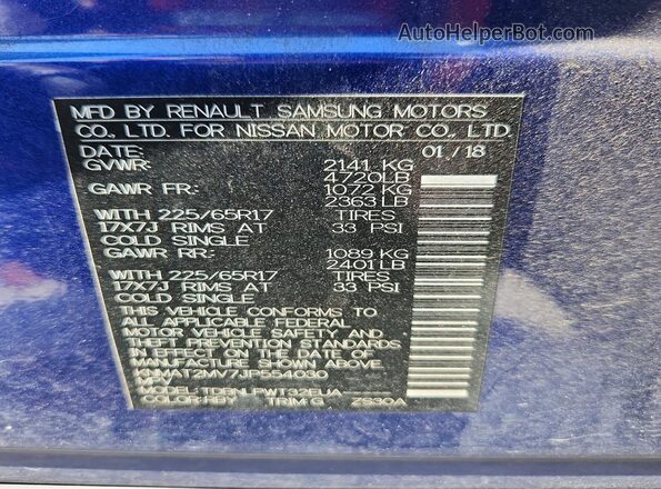 KNMAT2MV7JP554030 2018 NISSAN ROGUE Blue VIN կոդի պիտակի տեսք