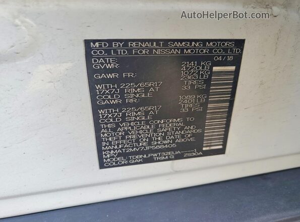 KNMAT2MV7JP588405 2018 NISSAN ROGUE White VIN կոդի պիտակի տեսք