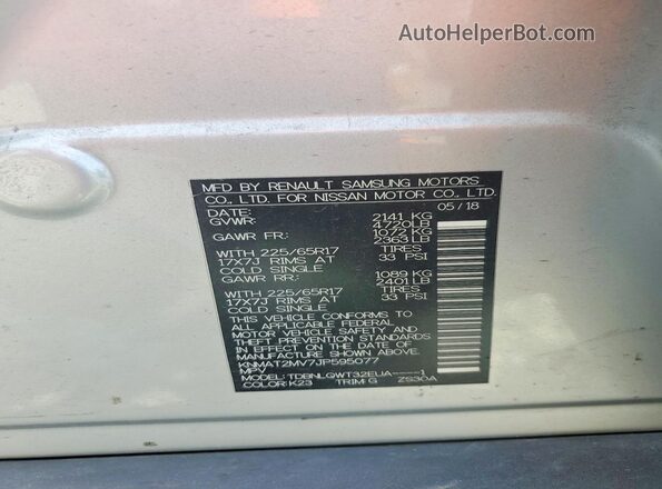 KNMAT2MV7JP595077 2018 NISSAN ROGUE Silver Вид наклейки з VIN-кодом