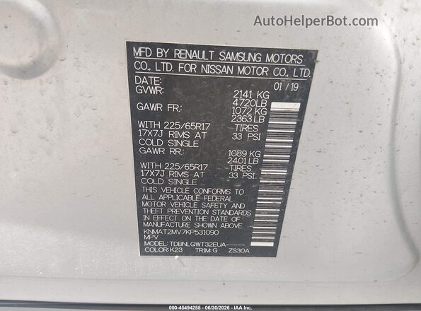KNMAT2MV7KP531090 2019 NISSAN ROGUE Silver Vista del compartimento del motor
