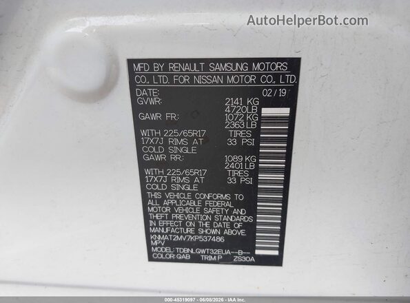 KNMAT2MV7KP537486 2019 NISSAN ROGUE White Շարժիչի բաժամունքի տեսք