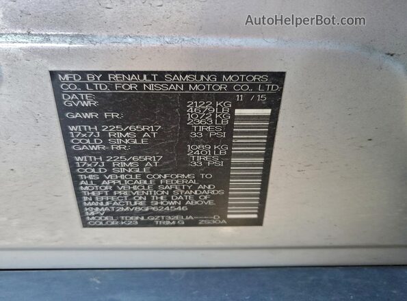KNMAT2MV8GP624546 2016 NISSAN ROGUE Silver VIN կոդի պիտակի տեսք