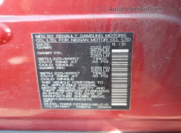 KNMAT2MV8GP630475 2016 NISSAN ROGUE Red VIN կոդի պիտակի տեսք