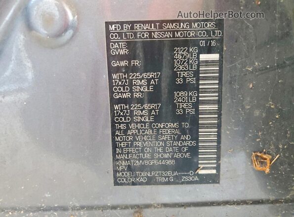 KNMAT2MV8GP644988 2016 NISSAN ROGUE Gray Engine compartment view