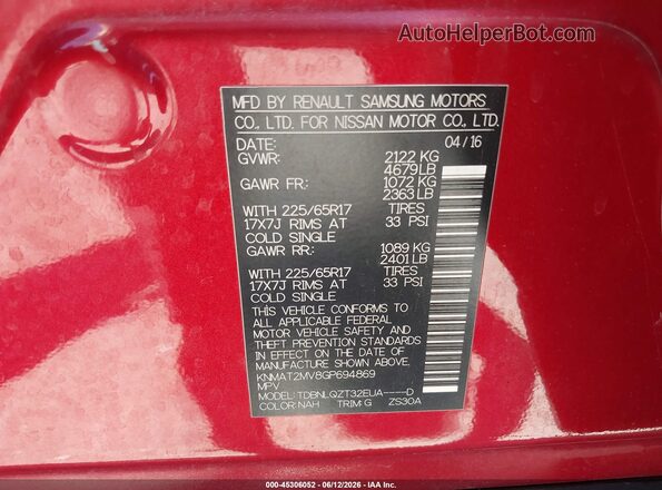 KNMAT2MV8GP694869 2016 NISSAN ROGUE Red Engine compartment view