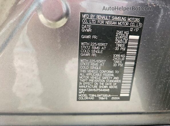 KNMAT2MV8JP544848 2018 NISSAN ROGUE Gray VIN sticker view