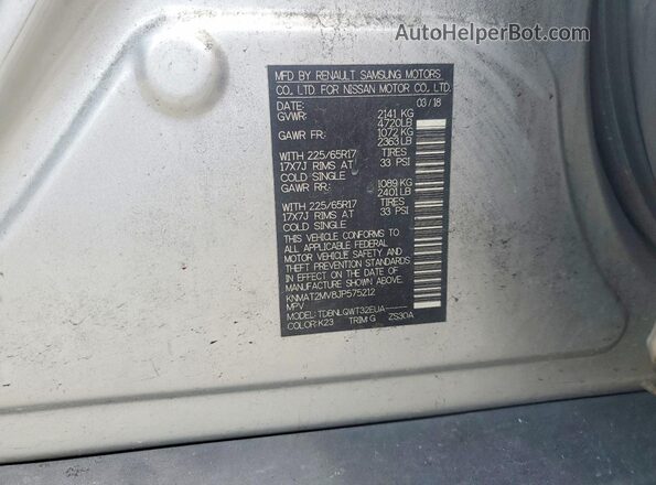 KNMAT2MV8JP575212 2018 NISSAN ROGUE Silver VIN კოდის სტიკერის ხედი
