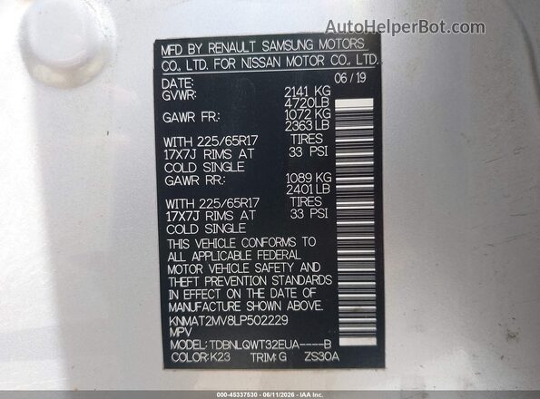 KNMAT2MV8LP502229 2020 NISSAN ROGUE Silver Vista del compartimento del motor