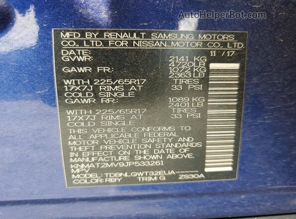 KNMAT2MV9JP533261 2018 NISSAN ROGUE Синий 