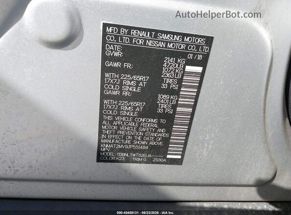 KNMAT2MV9JP551484 2018 NISSAN ROGUE Silver Vista del compartimento del motor