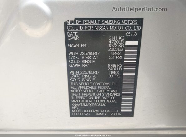 KNMAT2MV9JP593430 2018 NISSAN ROGUE Silver Widok komory silnika
