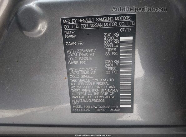 KNMAT2MV9LP510906 2020 NISSAN ROGUE Gray Vista del compartimento del motor