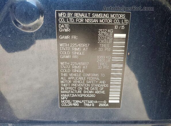 KNMAT2MVXGP606260 2016 NISSAN ROGUE Blue Вид наклейки з VIN-кодом