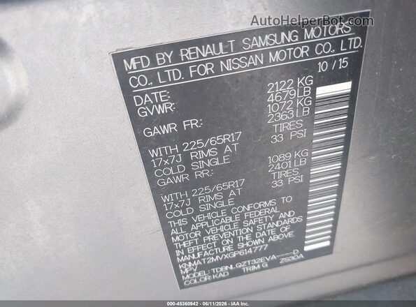 KNMAT2MVXGP614777 2016 NISSAN ROGUE Silver Շարժիչի բաժամունքի տեսք