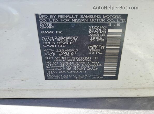 KNMAT2MVXGP630641 2016 NISSAN ROGUE White Панорамний вид салону 360°