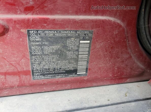 KNMAT2MVXGP643356 2016 NISSAN ROGUE Maroon 