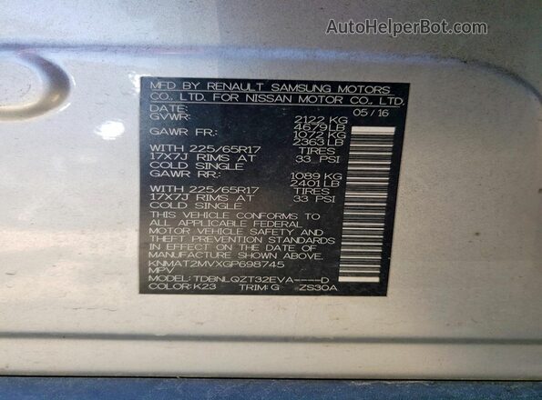 KNMAT2MVXGP698745 2016 NISSAN ROGUE Silver 