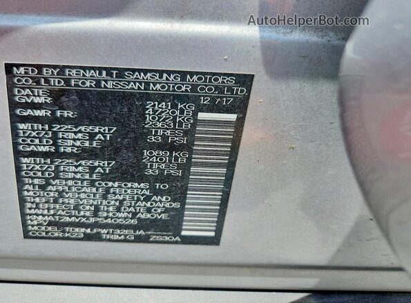 KNMAT2MVXJP540526 2018 NISSAN ROGUE Серебряный Вид наклейки с VIN-кодом