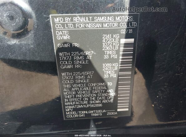 KNMAT2MVXJP562896 2018 NISSAN ROGUE Black Widok komory silnika
