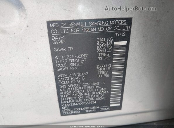 KNMAT2MVXKP555934 2019 NISSAN ROGUE Silver 