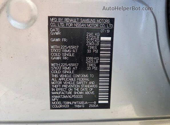 KNMAT2MVXLP511031 2020 NISSAN ROGUE Серебряный 