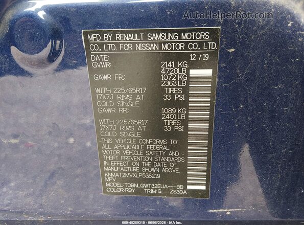 KNMAT2MVXLP536219 2020 NISSAN ROGUE Blue 