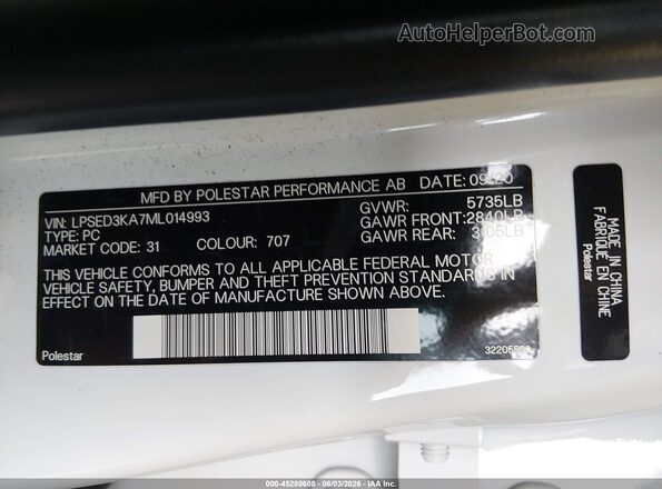 LPSED3KA7ML014993 2021 POLESTAR 2 White Engine compartment view