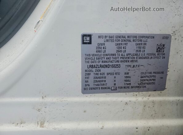 LRBAZLR40ND168253 2022 BUICK ENVISION Белый Вид наклейки с VIN-кодом