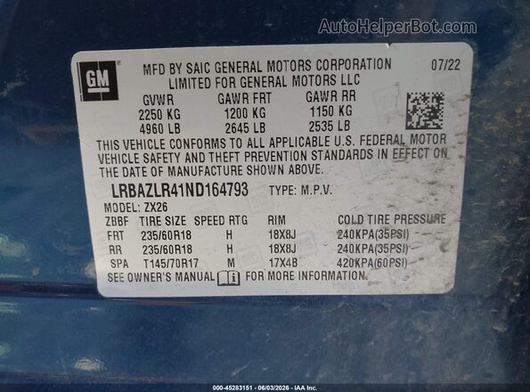 LRBAZLR41ND164793 2022 BUICK ENVISION Navy Շարժիչի բաժամունքի տեսք