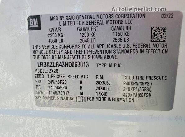 LRBAZLR43ND063013 2022 BUICK ENVISION White VIN կոդի պիտակի տեսք