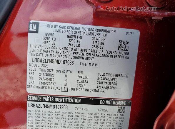 LRBAZLR45MD107933 2021 BUICK ENVISION Red Widok naklejki z numerem VIN
