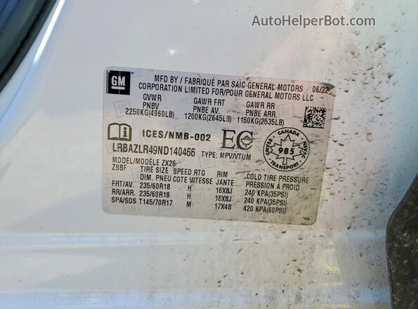 LRBAZLR49ND140466 2022 BUICK ENVISION White VIN კოდის სტიკერის ხედი